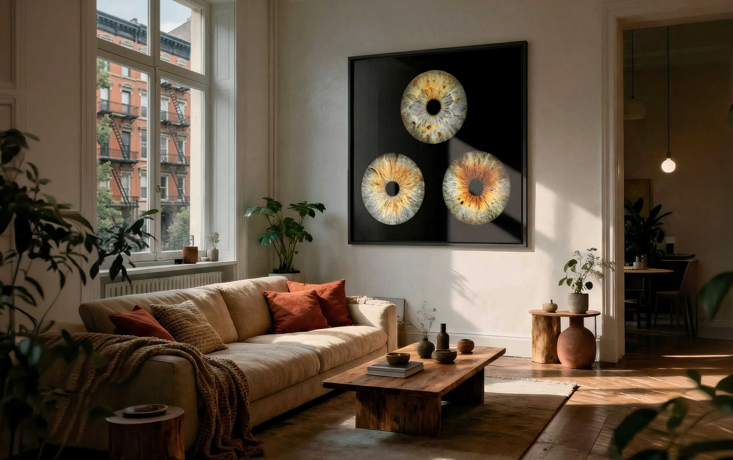 Iris artwork triptych framed in a Parisian living room