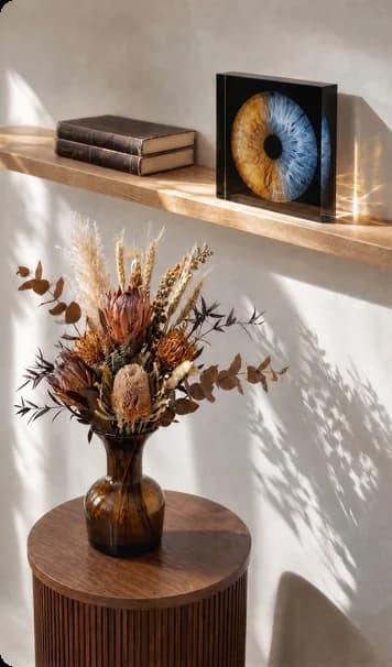 Bloc acrylique d’iris posé sur une étagère avec des fleurs séchées
