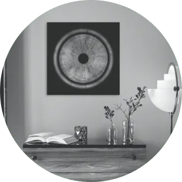 ein Foto einer Schwertlilie in einem Rahmen, der an einer Wohnzimmerwand hängt